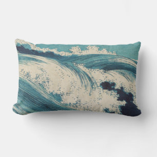 Antique Japanese Blue Waves Ocean Print Lumbar Cushion