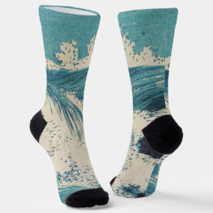 Antique Japanese Blue Waves Ocean Print Socks