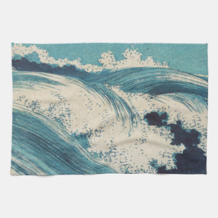 Antique Japanese Blue Waves Ocean Print Tea Towel