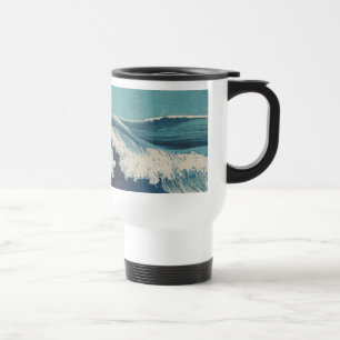 Antique Japanese Blue Waves Ocean Print Travel Mug