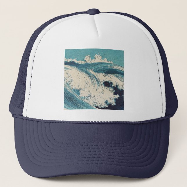 Antique Japanese Blue Waves Ocean Print Trucker Hat (Front)