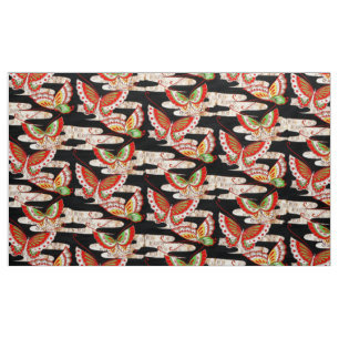 ANTIQUE JAPANESE BUTTERFLIES Red Black White Fabric