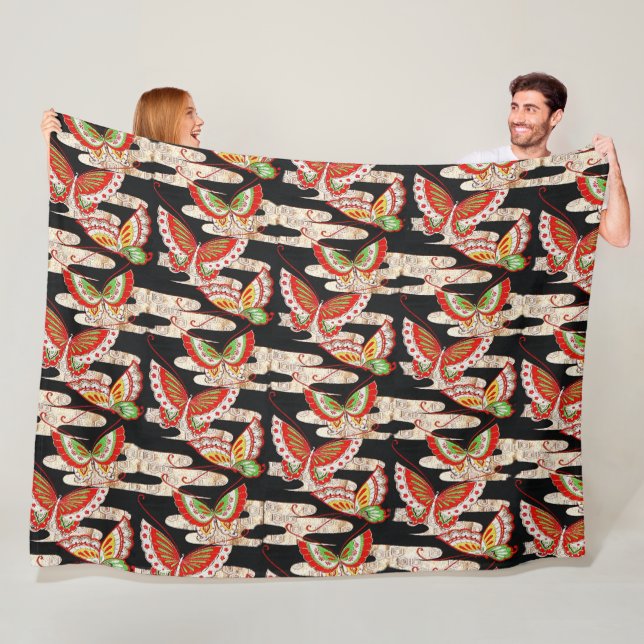ANTIQUE JAPANESE BUTTERFLIES Red Black White Fleece Blanket (In Situ)