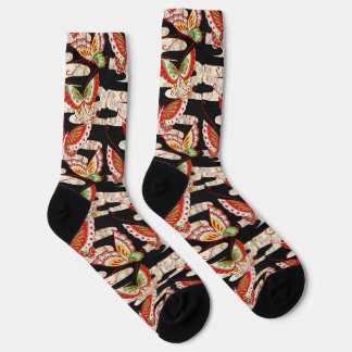 ANTIQUE JAPANESE BUTTERFLIES Red Black White  Socks