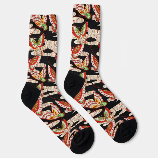 ANTIQUE JAPANESE BUTTERFLIES Red Black White  Socks (Right)