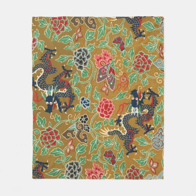 Antique Japanese Floral Dragon Print Fleece Blanket (Front)