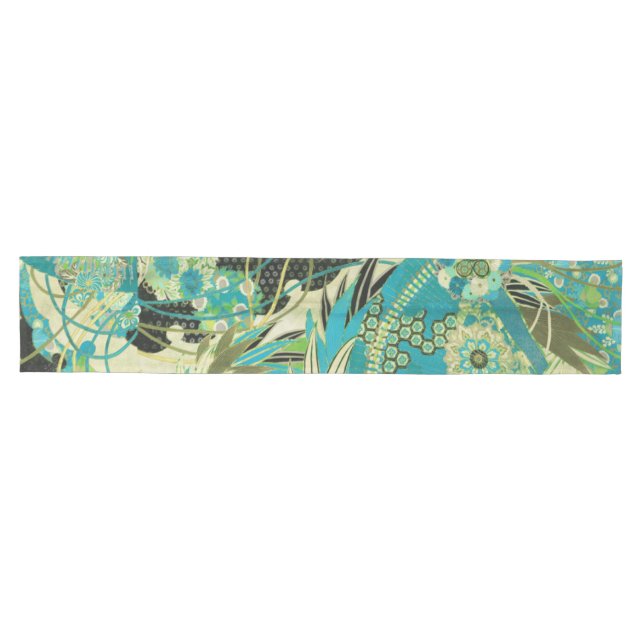 ANTIQUE JAPANESE FLOWERS Aqua Blue Green Floral  Medium Table Runner (Horizontal)