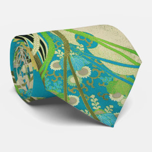 ANTIQUE JAPANESE FLOWERS Aqua Blue Green Floral Tie