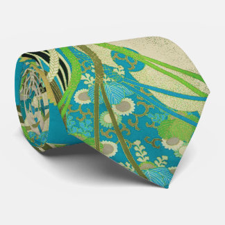 ANTIQUE JAPANESE FLOWERS Aqua Blue Green Floral Tie