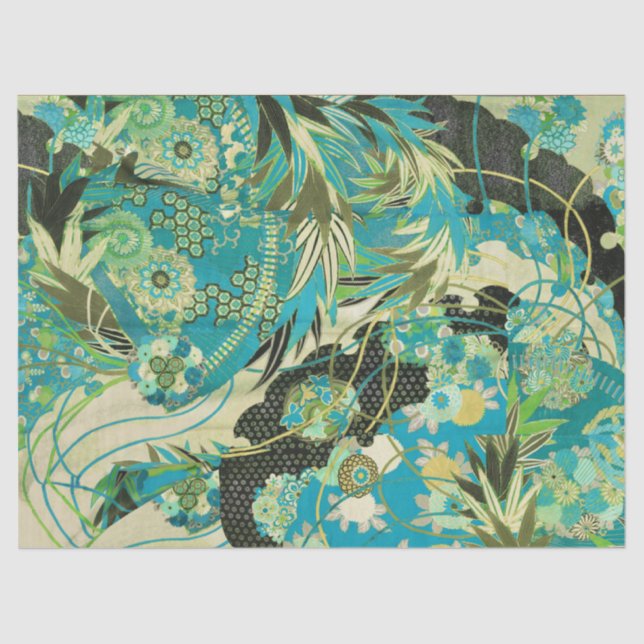 ANTIQUE JAPANESE FLOWERS Aqua Blue Green Floral  Tissue Paper (Front)