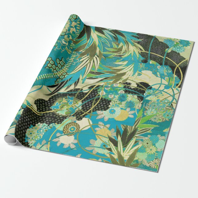ANTIQUE JAPANESE FLOWERS Aqua Blue Green Floral  Wrapping Paper (Unrolled)