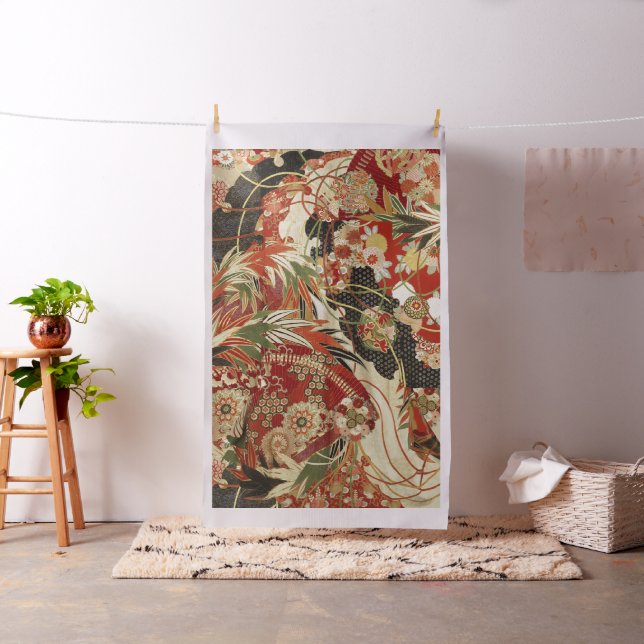 ANTIQUE JAPANESE FLOWERS Red Green Black Floral  Fabric (In Situ)