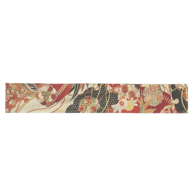 ANTIQUE JAPANESE FLOWERS Red Green Black Floral Me Long Table Runner (Horizontal)