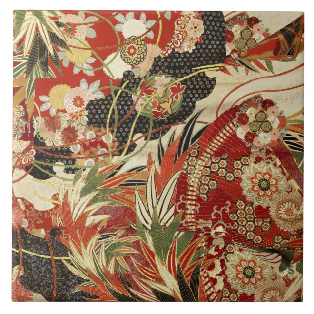 ANTIQUE JAPANESE FLOWERS Red Green Black Floral  T Tile (Front)