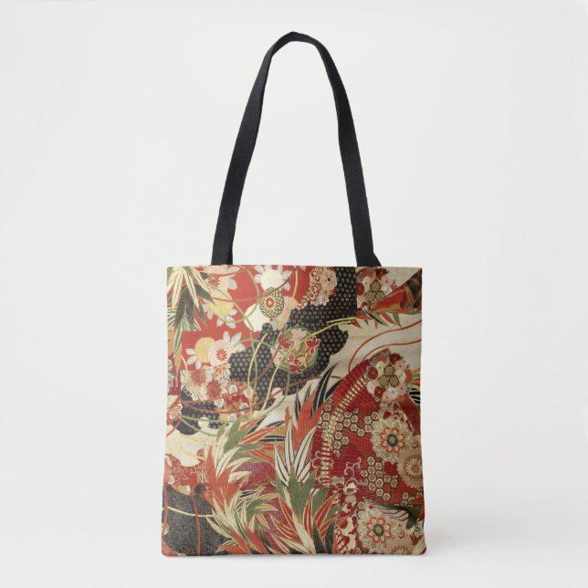 ANTIQUE JAPANESE FLOWERS Red Green Black Floral Tote Bag (Front)