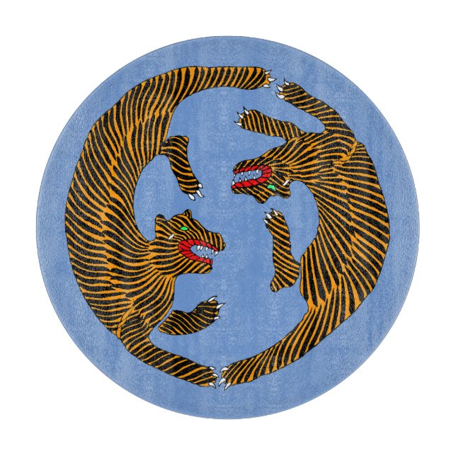 Antique Japanese Folk Art Tigers Cutting Board (Front)