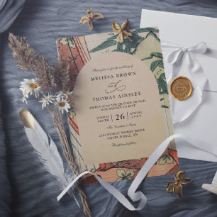 Antique Japanese Kimono Bamboo QR Code Wedding Invitation