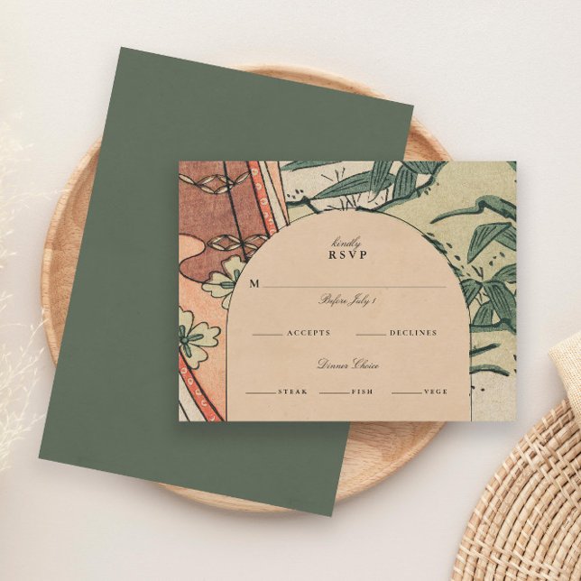 Antique Japanese Kimono Bamboo Wedding RSVP Card (Creator Uploaded)