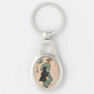 Antique Japanese Kimono Woman Ukiyo-e Woodblock Key Ring