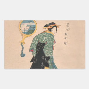 Antique Japanese Kimono Woman Ukiyo-e Woodblock Rectangular Sticker