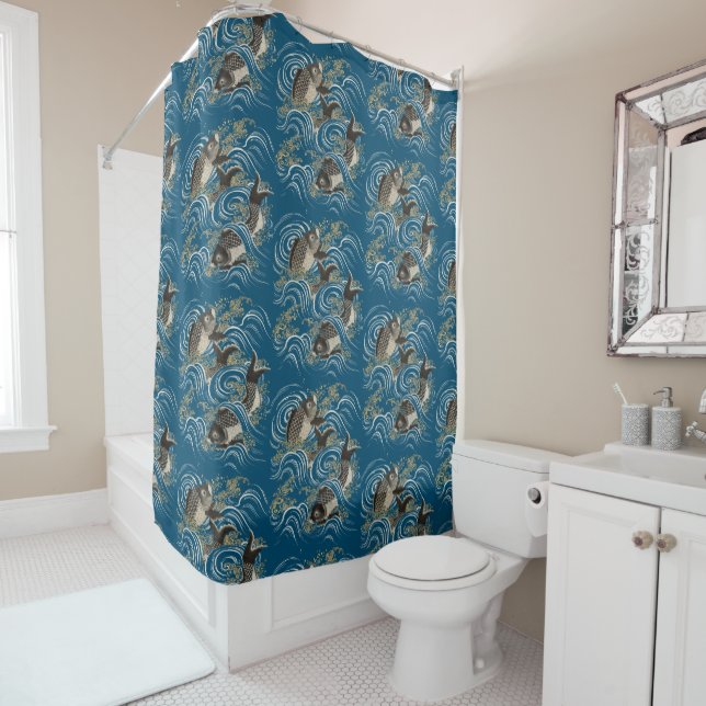 Antique Japanese Koi Fish Print Shower Curtain (In Situ)