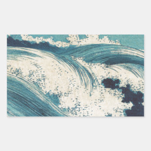 Antique Japanese Woodblock Blue Ocean Waves Print Rectangular Sticker