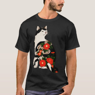 Antique Japanese Woodblock Print Cat With Flower T T-Shirt