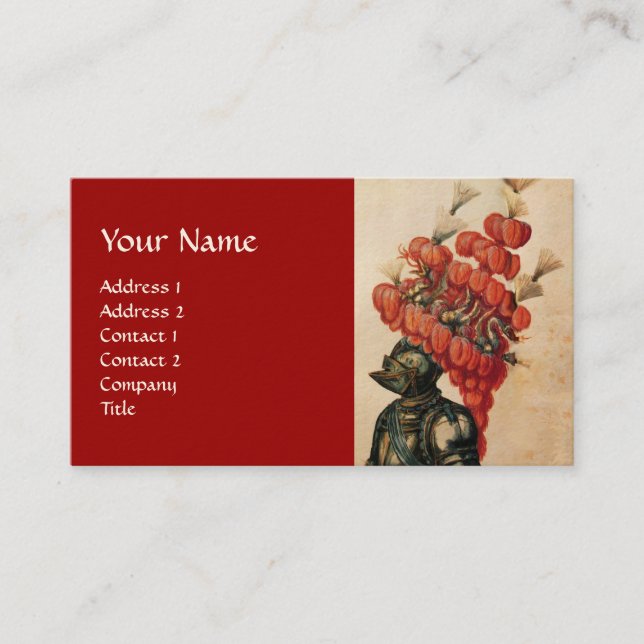 ANTIQUE KNIGHT HELMET ,DRAGONS AND RED FEATHERS BUSINESS CARD (Front)