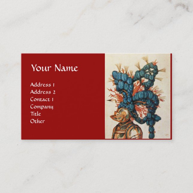 ANTIQUE KNIGHT HELMET WITH RED BLUE FEATHERS BUSINESS CARD (Front)