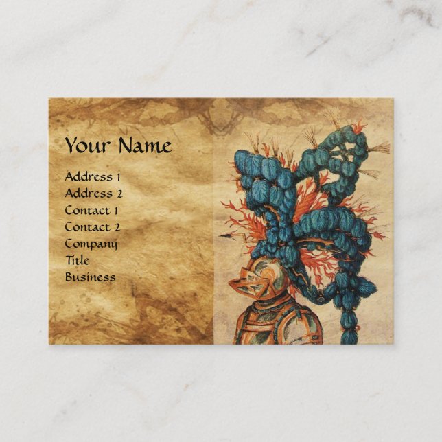 ANTIQUE KNIGHT HELMET WITH RED BLUE FEATHERS BUSINESS CARD (Front)