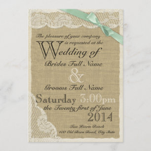 Antique Lace and Mint Bow Country Wedding Invitation