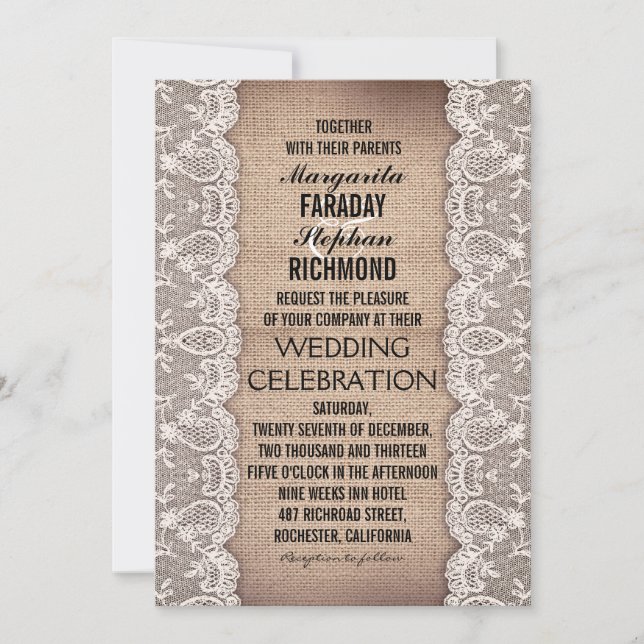 antique lace and rustic burlap wedding invitations (Front)