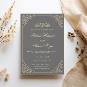 Antique Lace Frame Gold Moody Grey Muslim Wedding Invitation