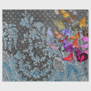 ANTIQUE LACE GIFT WRAP WITH BUTTERFLIES IN BLUE