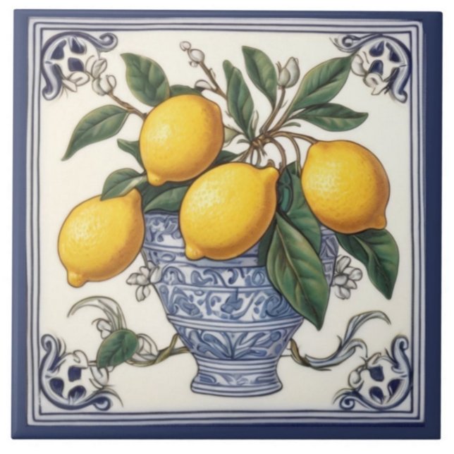 Antique Lemon Art Vintage Blue & Yellow Lemons Tile (Creator Uploaded)