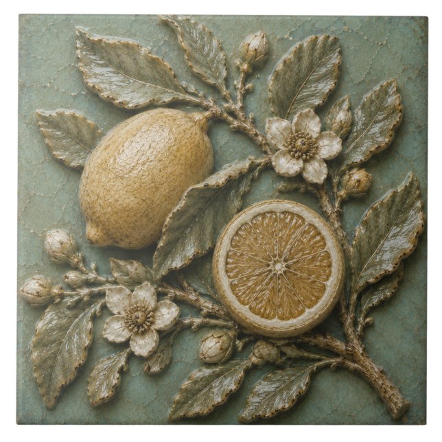 Antique Lemon Branch Botanical Faux Relief Tile (Front)