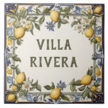 Antique Lemon Custom House Name Plate Plaque Sign Tile<br><div class="desc">custom house name plate, personalised house name plaque, personal customised text sign, lemon farm casa ceramic tile, mediterranean green yellow lemons fruit, traditional portuguese spanish nature, last family name surname, italian farmhouse home signage, decorative antique rustic farming villa, blue and white vintage art</div>