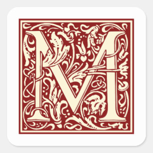 Antique Letter M Monogram Initial Red Square Sticker