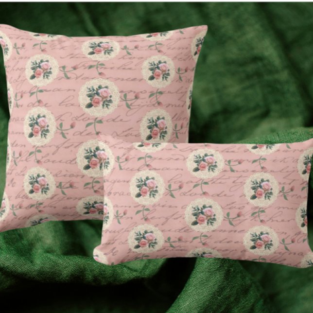Antique Lettering Vintage Roses on Lace Doilies Cushion (Available in 3 sizes)
