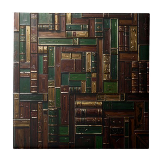 Antique Library Bookshelf Green Gold  Tile (Front)
