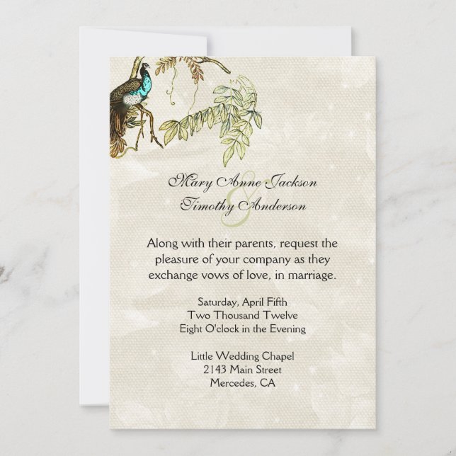 Antique Look Peafowl Wedding Invitation (Front)