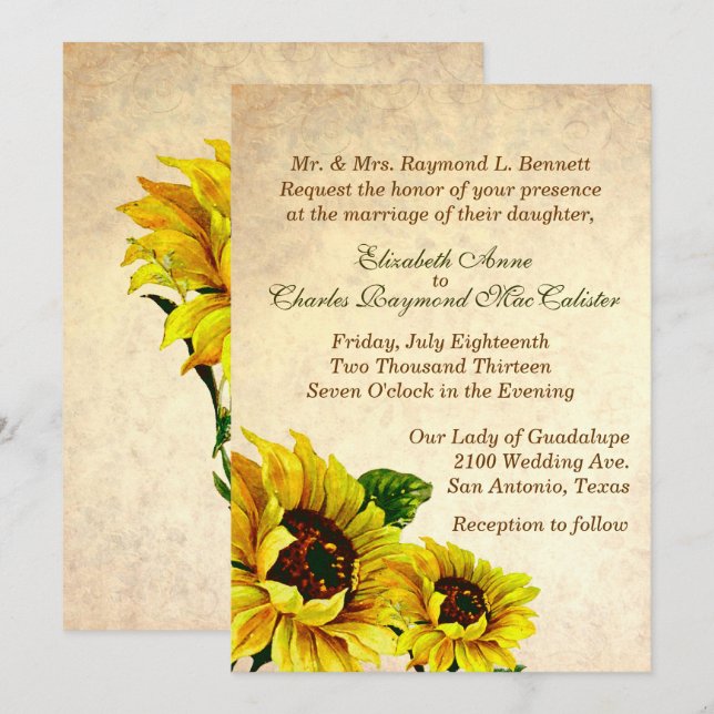 Antique Look Sunflowers Wedding Invitation (Front/Back)