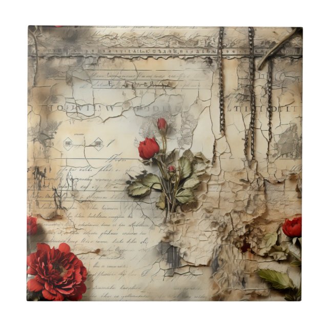 Antique Love Letter Calligraphy Floral Tile (Front)