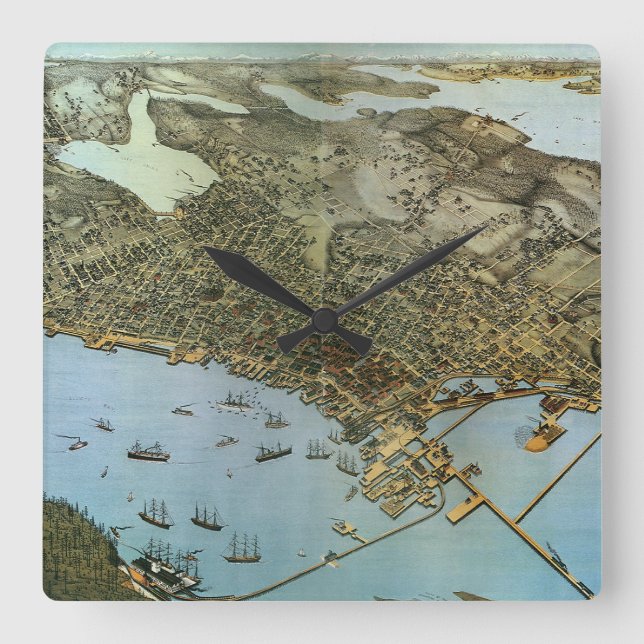 Antique Map Aerial View City of Seattle Washington Square Wall Clock (Front)