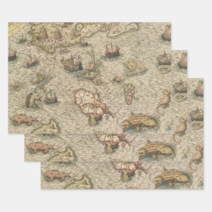 Antique Map and Sea Creatures Wrapping Paper Sheet