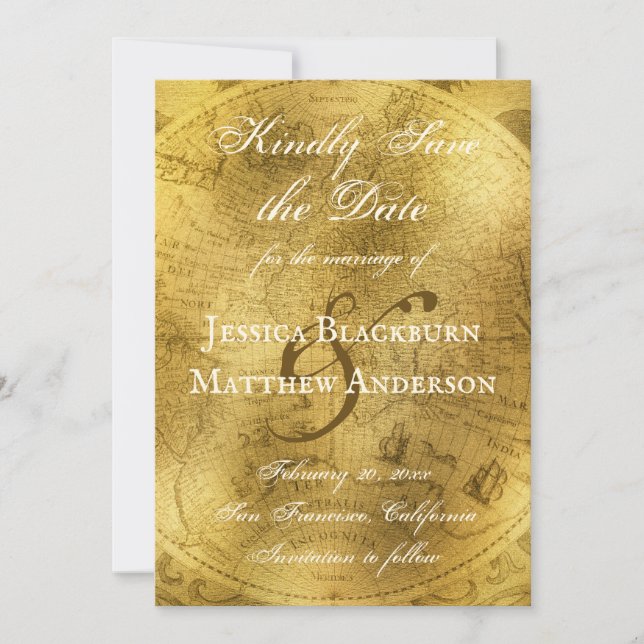 Antique Map Faux Gold Foil Customisable Script Save The Date (Front)
