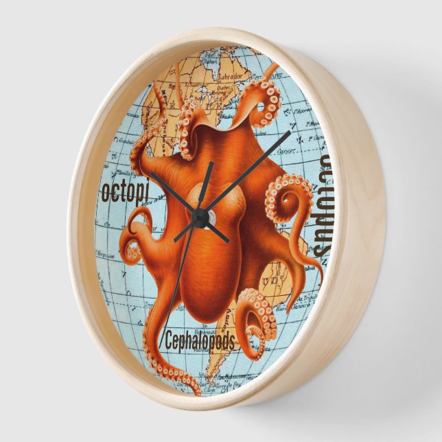Antique Map Octopus Wall Clock (Angle)