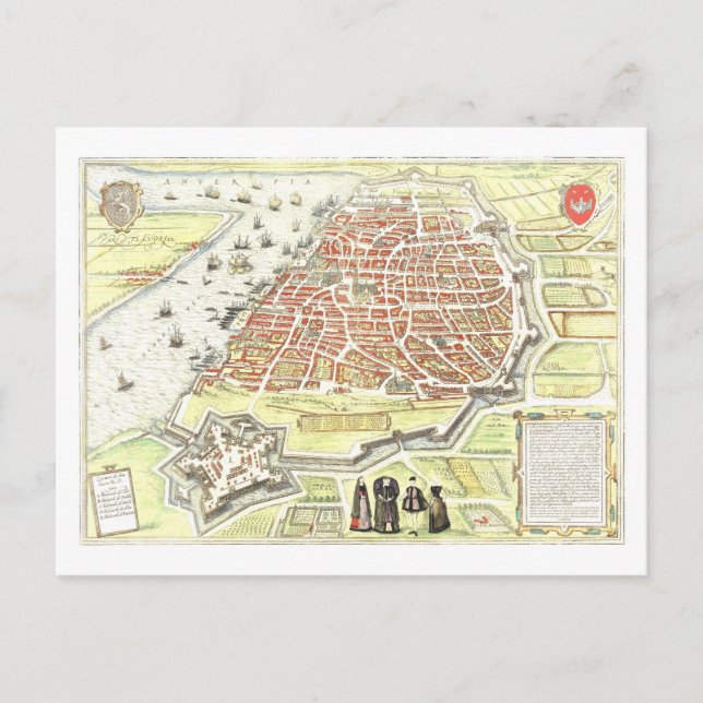 Antique Map of Antwerp, Belgium, Postcard (Front)