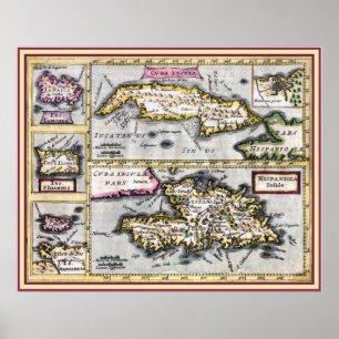 Antique Map of Cuba, Haiti, Caribbean Islands Poster