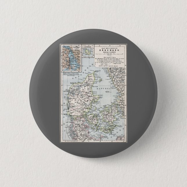 Antique Map of Denmark, Danmark in Danish, 1905 6 Cm Round Badge (Front)